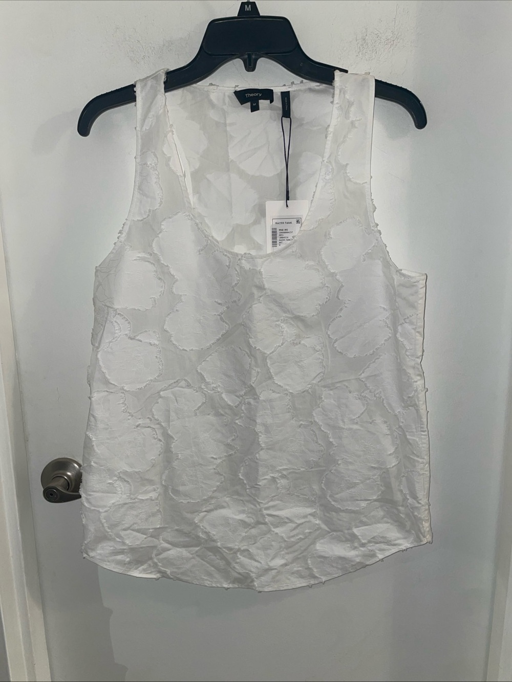 NWT Theory medium Racer Back Tank white cotton floral textured top Shell $255